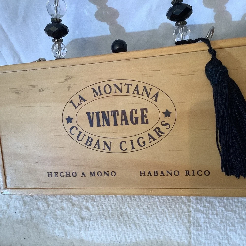 Vintage La Montana Cuban Cigar wood beads fabric hand‎ shoulder crossbody